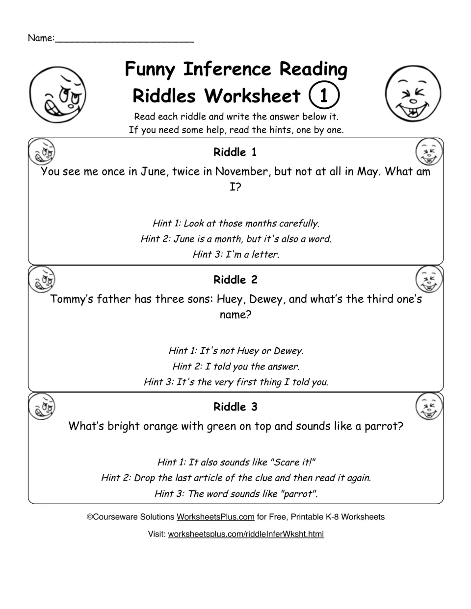 Riddle worksheet 1: students use up to three hints to infer answers about months, three sons and a parrot sound-alike