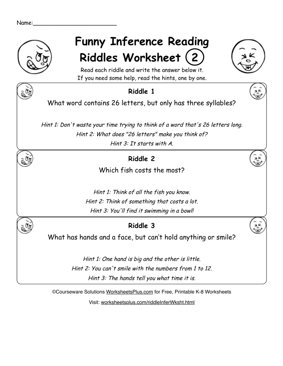 Riddle worksheet 2: students read hints to infer answers about a 26-letter word, a costly fish and a face with hands