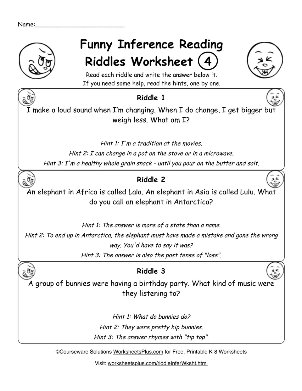 Riddle worksheet 4: students follow hints to infer answers about a snack that pops, an elephant in Antarctica and bunnies