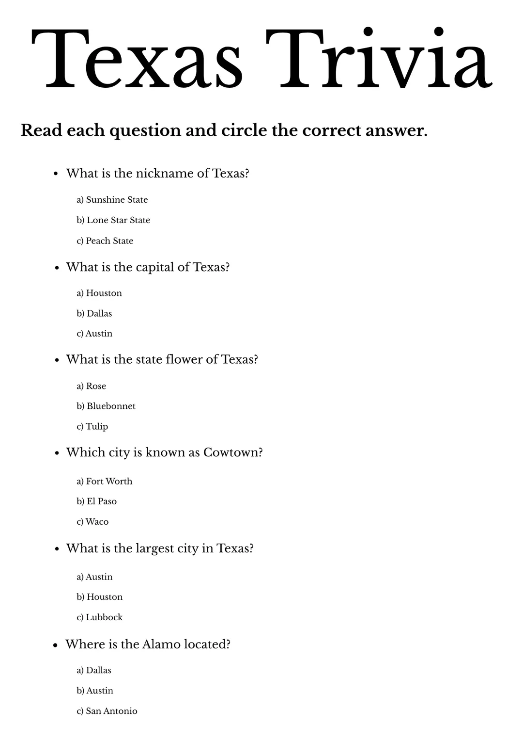 funny texas trivia questions and answers printable – cover