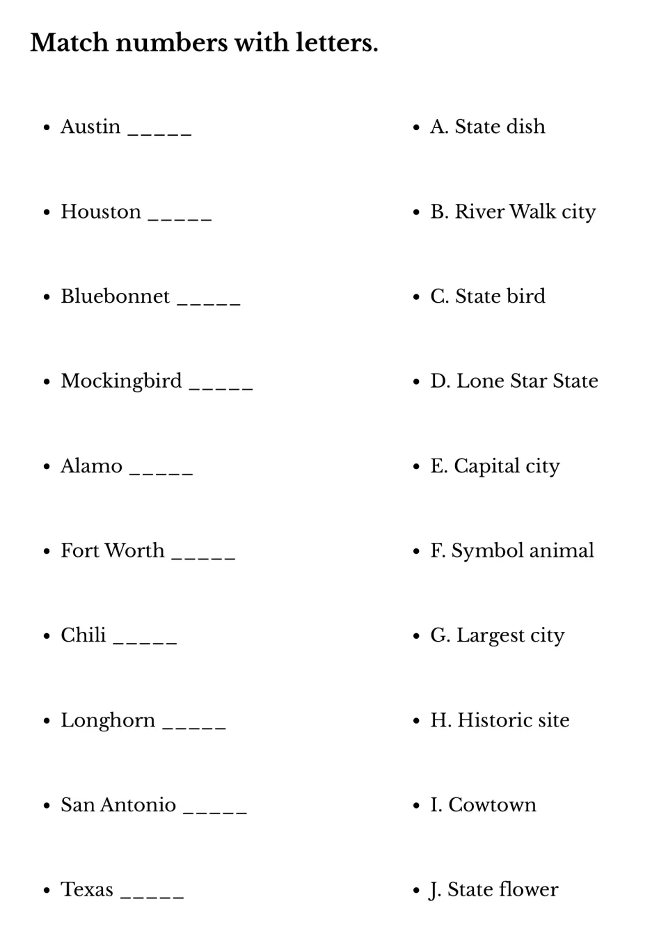 Texas matching: students pair 10 names like Austin, Chili and Longhorn with clues such as capital city or state dish