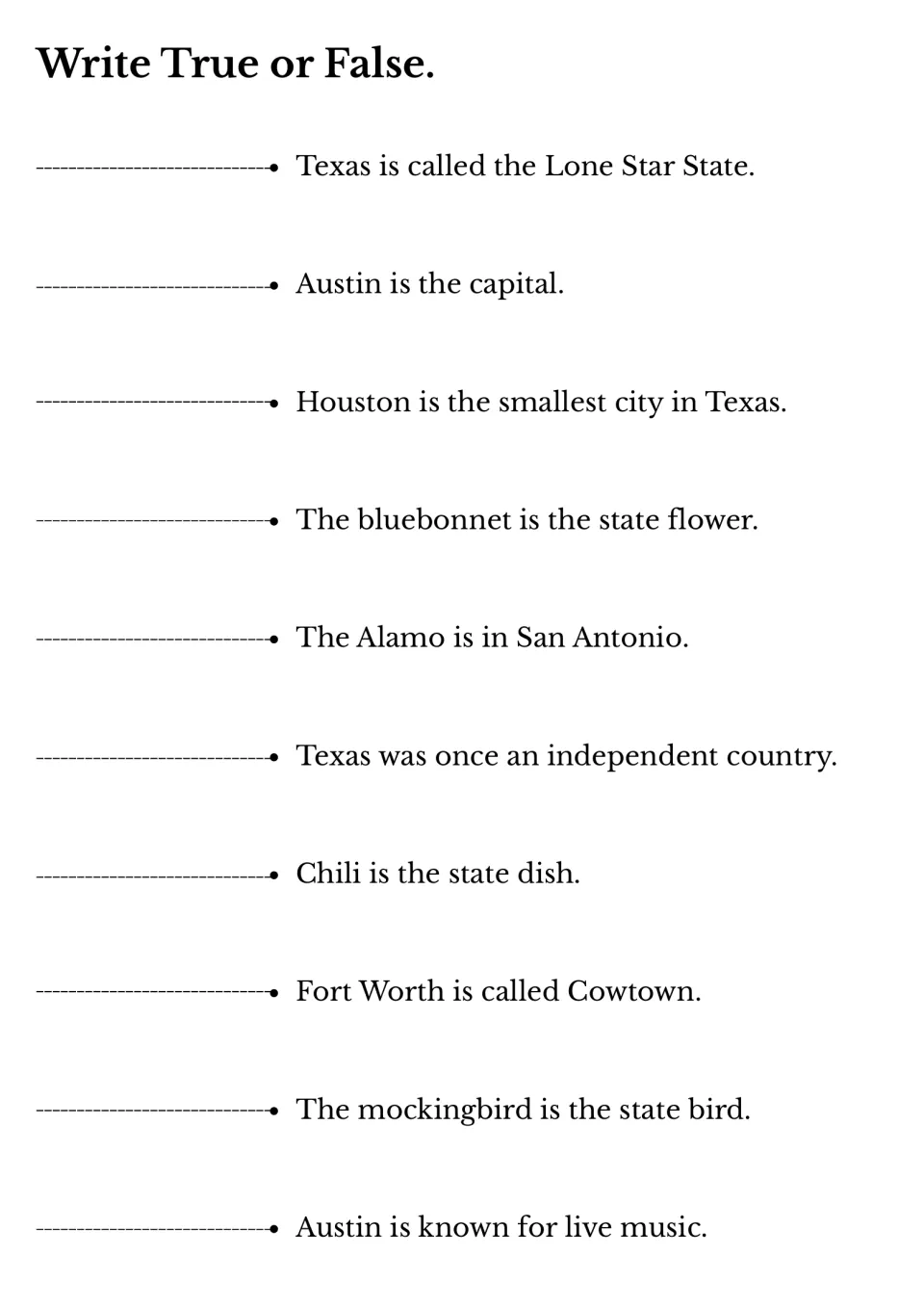 Texas true or false: students judge 10 statements about Texas symbols, cities and history, like the Alamo in San Antonio