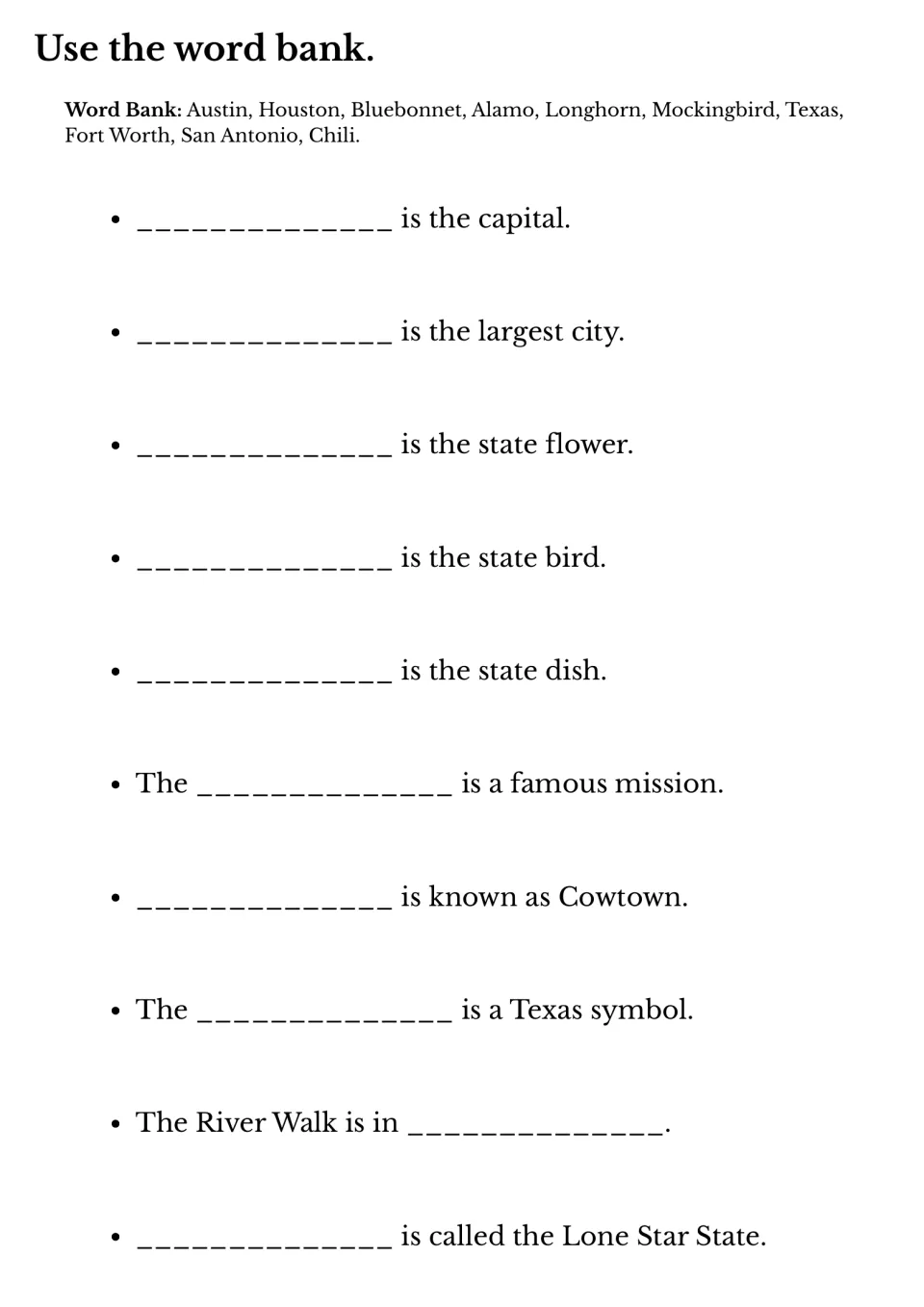 Texas word bank fill-in: students choose from 10 words such as Mockingbird, Longhorn and Fort Worth to finish each fact