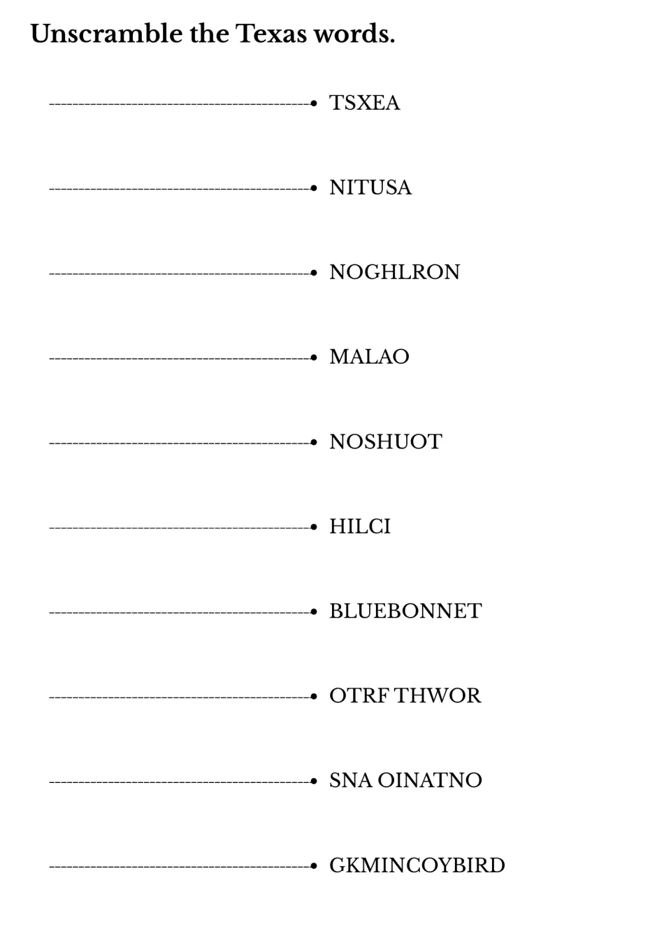 Texas word scramble: students unscramble 10 words such as TSXEA, NITUSA and GKMINCOYBIRD into Texas places and symbols