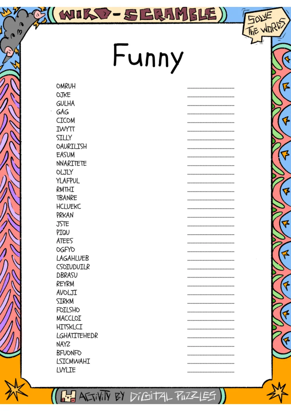 Funny word scramble: students unscramble 34 humor words such as OMRUH, OJKE and GULHA and write each word on its line