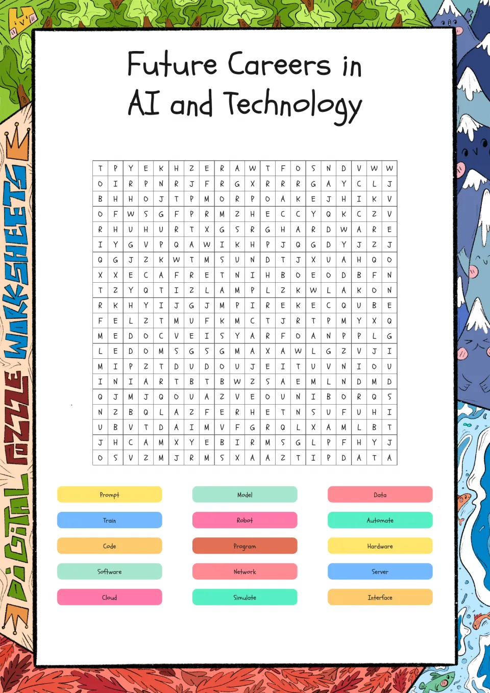 AI and technology word search: students find 15 words such as prompt, robot, code, hardware, cloud and interface