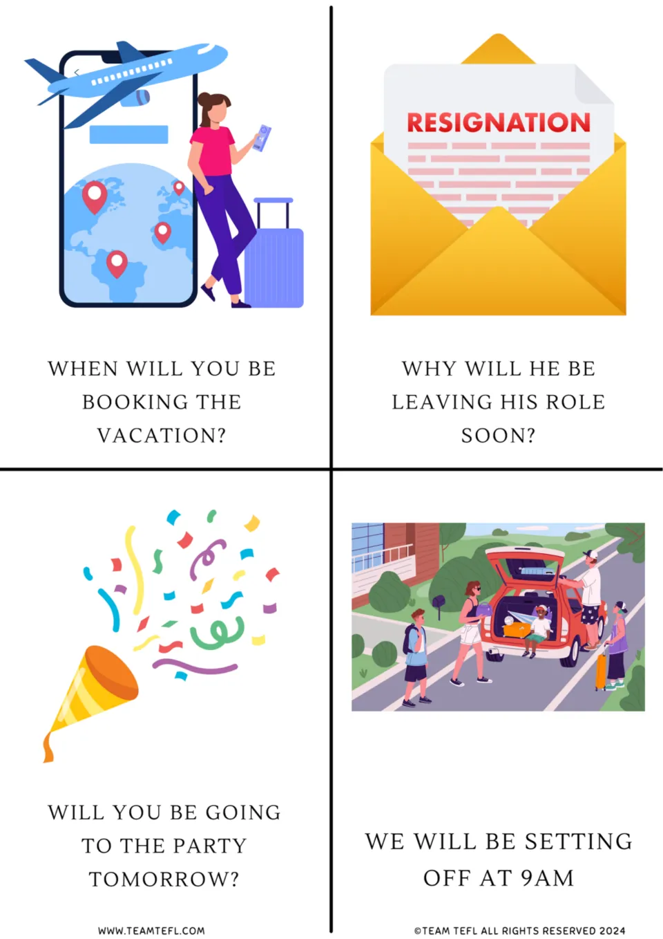 Future continuous flashcards 1–4: booking a vacation, leaving a role, going to a party, and setting off at 9 AM