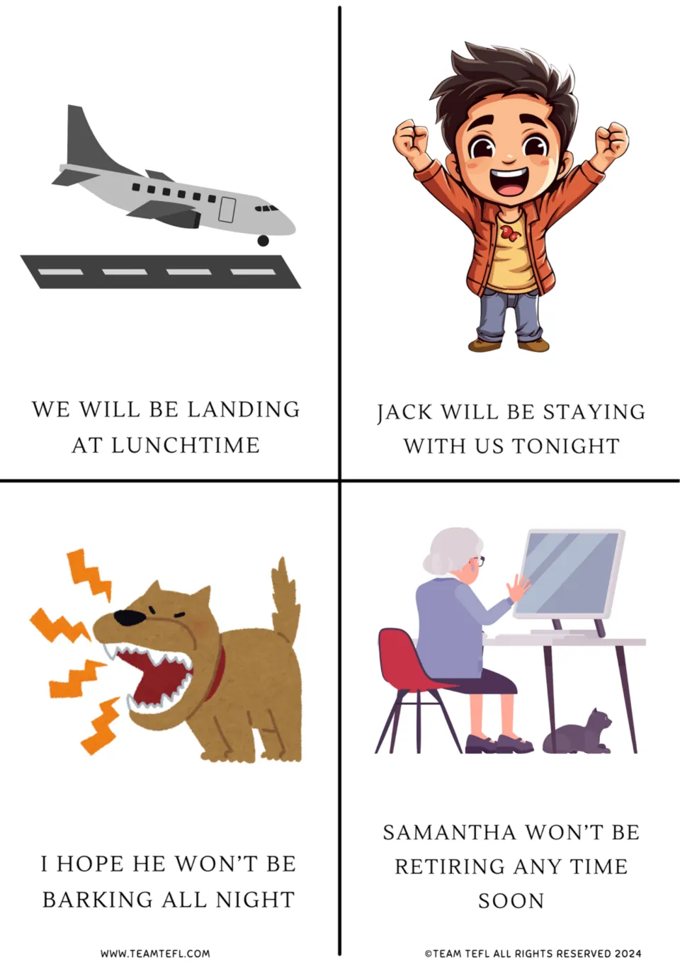 Future continuous flashcards 5–8: landing at lunchtime, Jack staying tonight, barking all night, and retiring