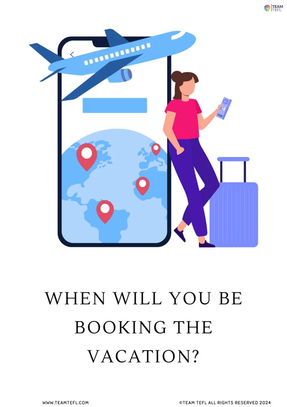 Full-page future continuous flashcard 1: “When will you be booking the vacation?” with a traveler and airplane