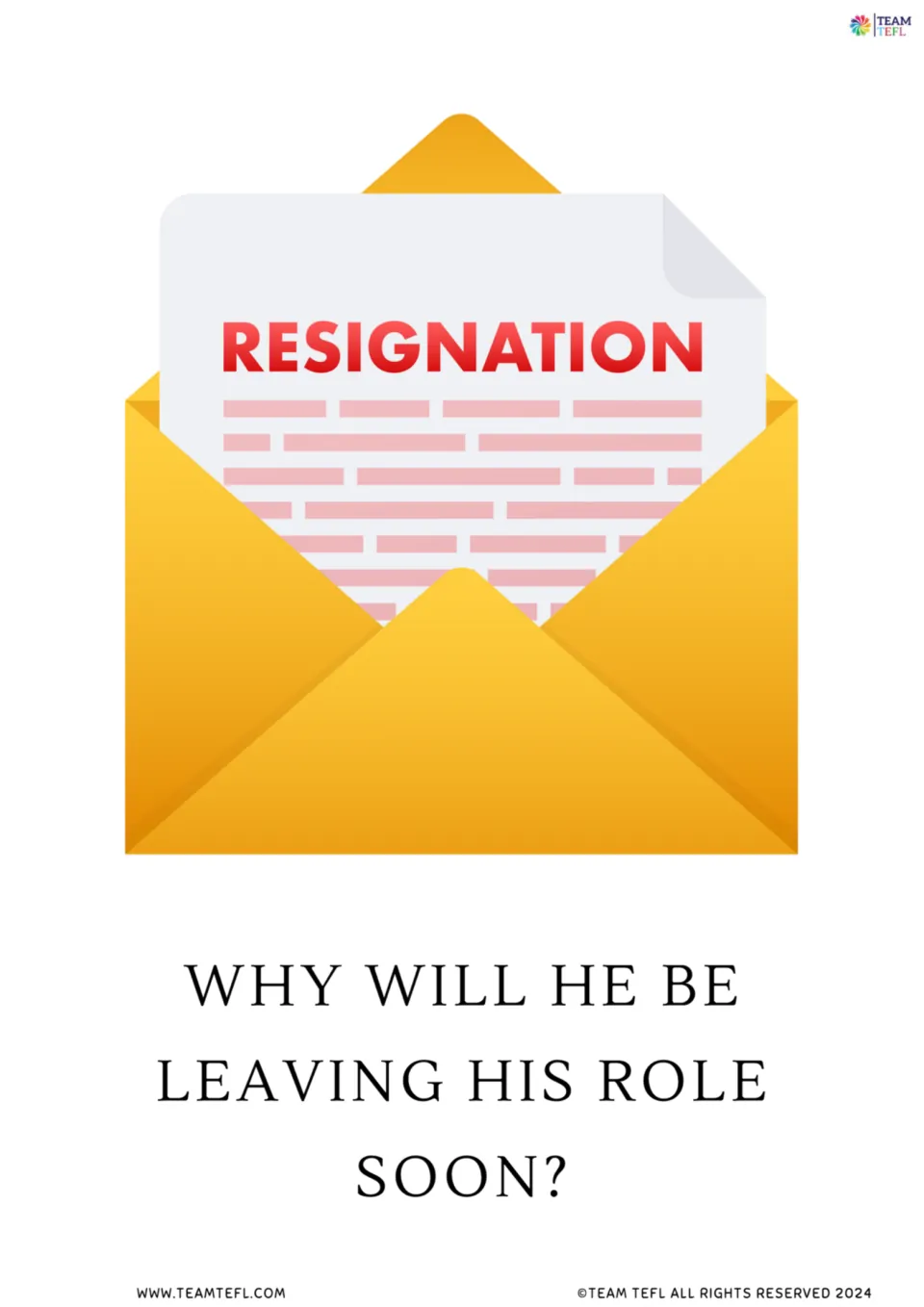 Full-page future continuous flashcard 2: “Why will he be leaving his role soon?” with a resignation letter