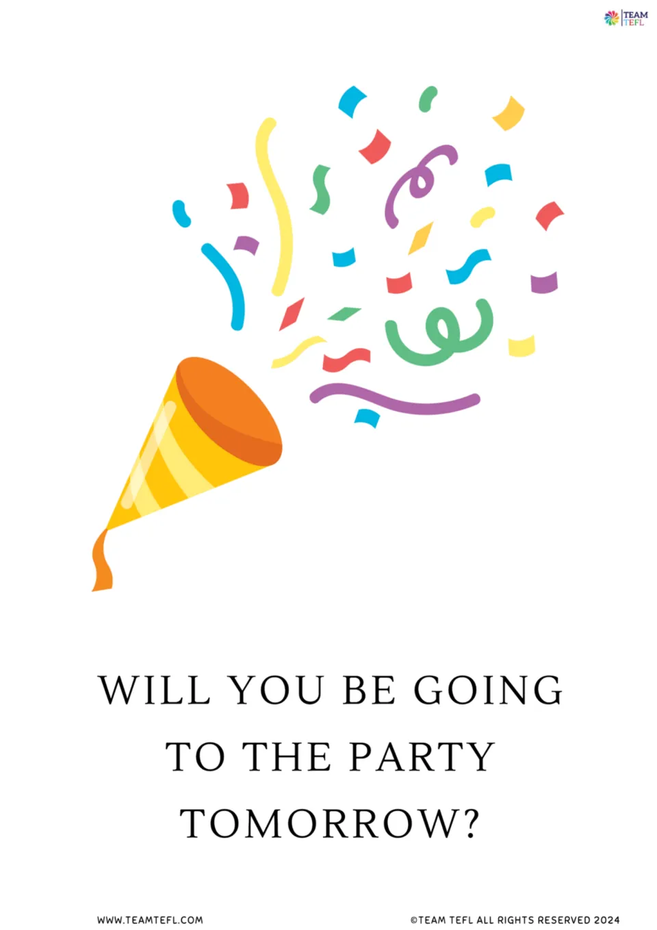 Full-page future continuous flashcard 3: “Will you be going to the party tomorrow?” with a party popper