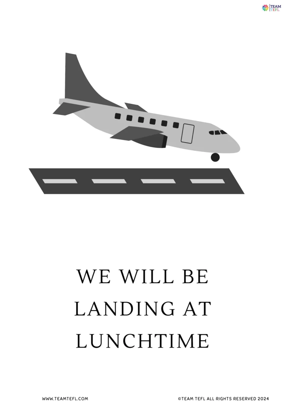 Full-page future continuous flashcard 5: “We will be landing at lunchtime” with an airplane above a runway