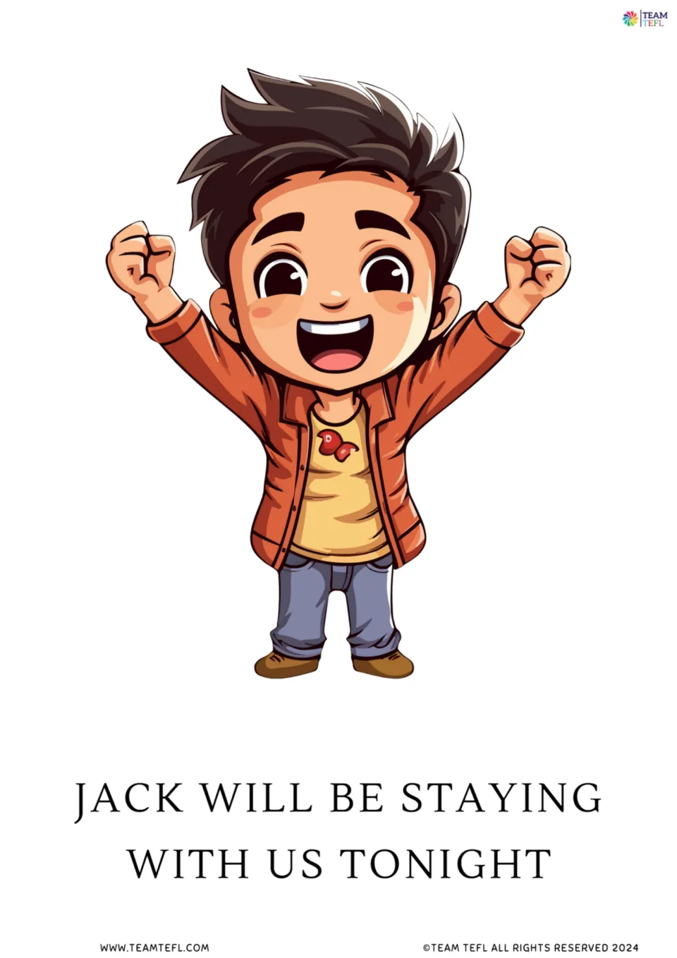 Full-page future continuous flashcard 6: “Jack will be staying with us tonight” with a smiling boy