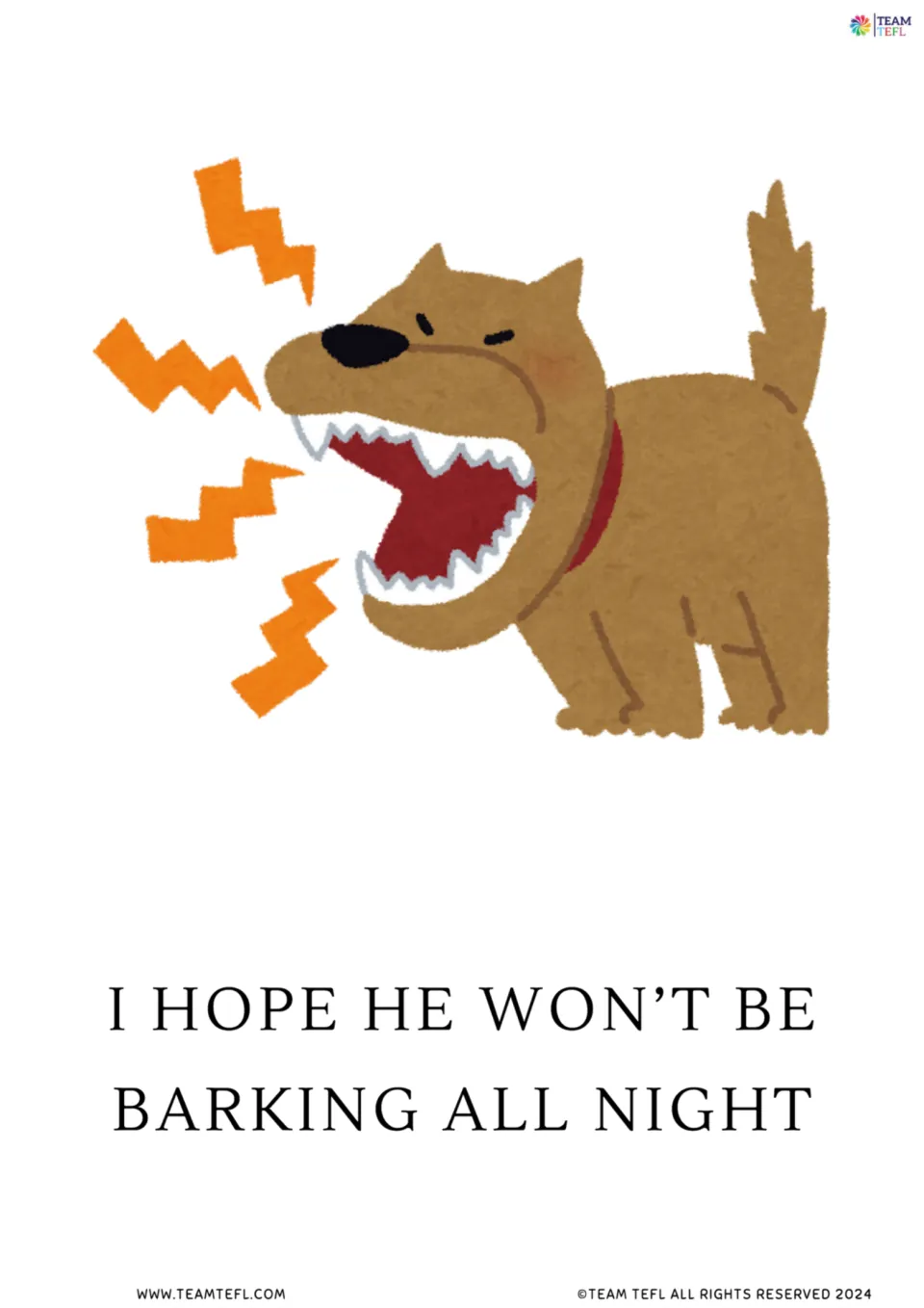 Full-page future continuous flashcard 7: “I hope he won’t be barking all night” with a barking dog