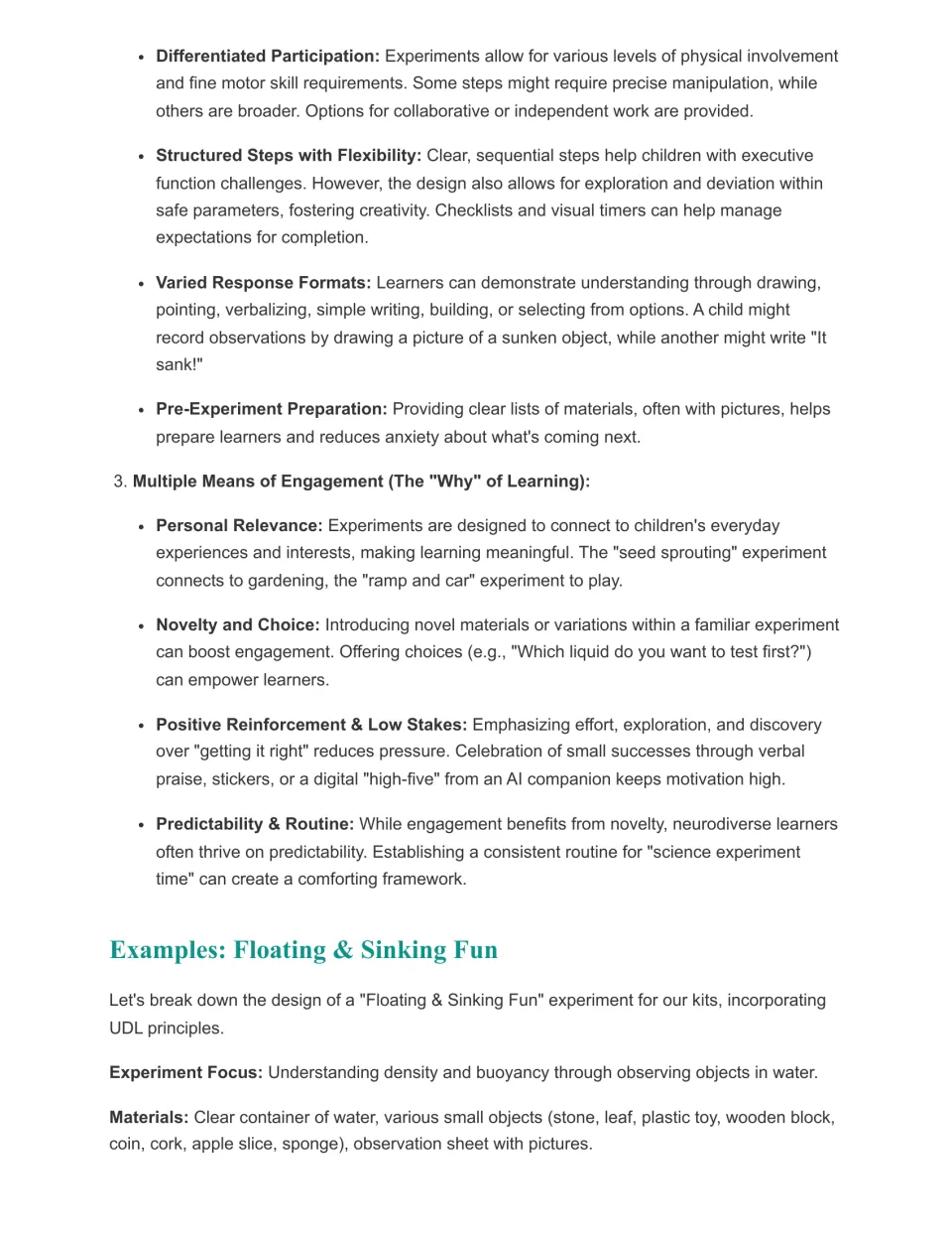 UDL action and engagement strategies, then a floating and sinking experiment plan listing water, cork, coin and more