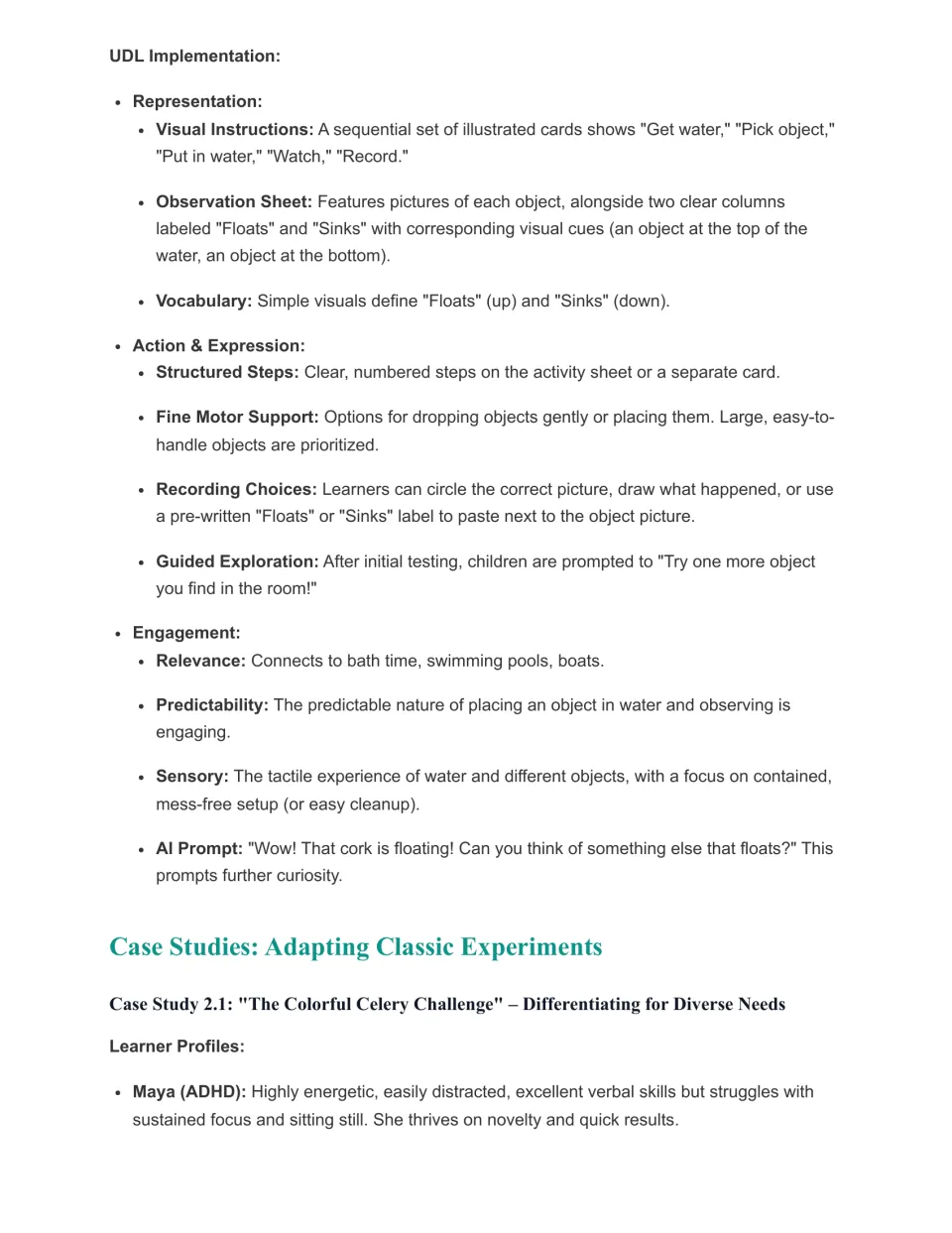 Float and sink UDL plan: picture step cards, Floats/Sinks observation sheet, recording choices, then a celery case study