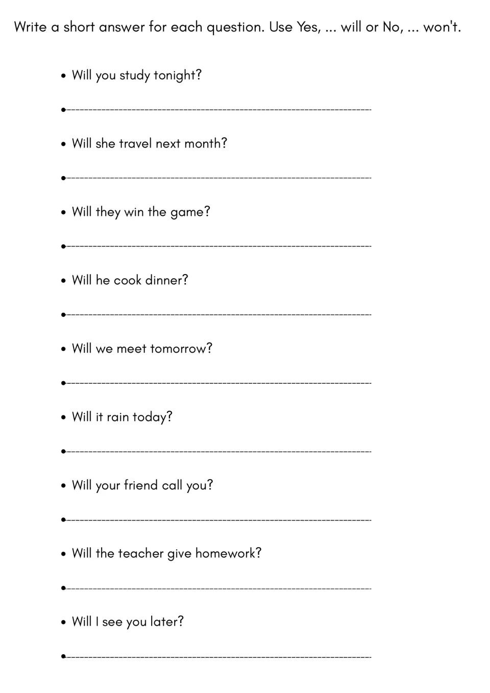 Short answers with will: students reply to 9 questions like Will you study tonight? using Yes, ... will or No, ... won't