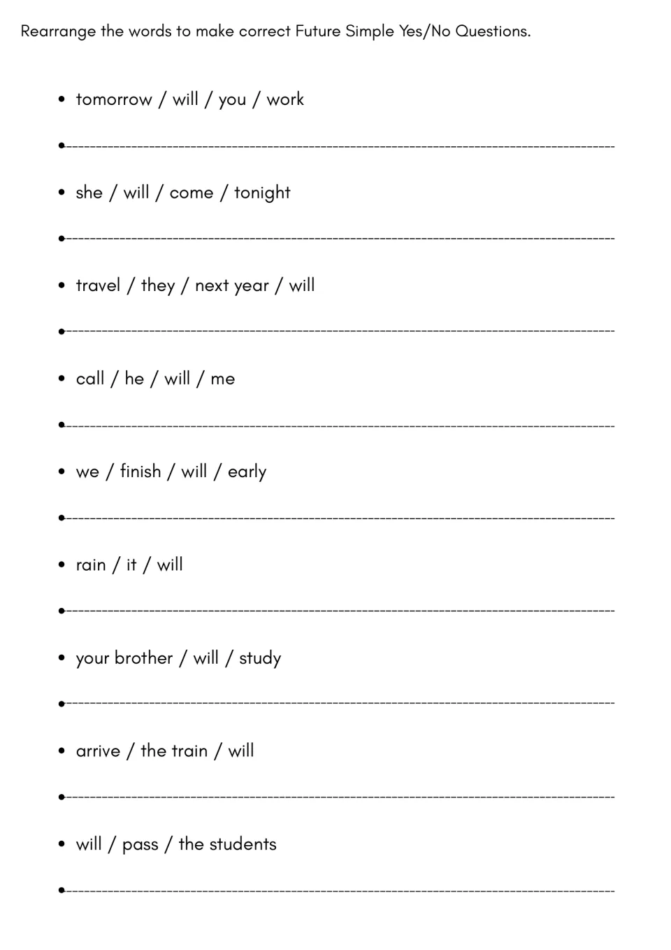 Word order practice: students rearrange 9 scrambled word sets, such as tomorrow / will / you / work, into will questions