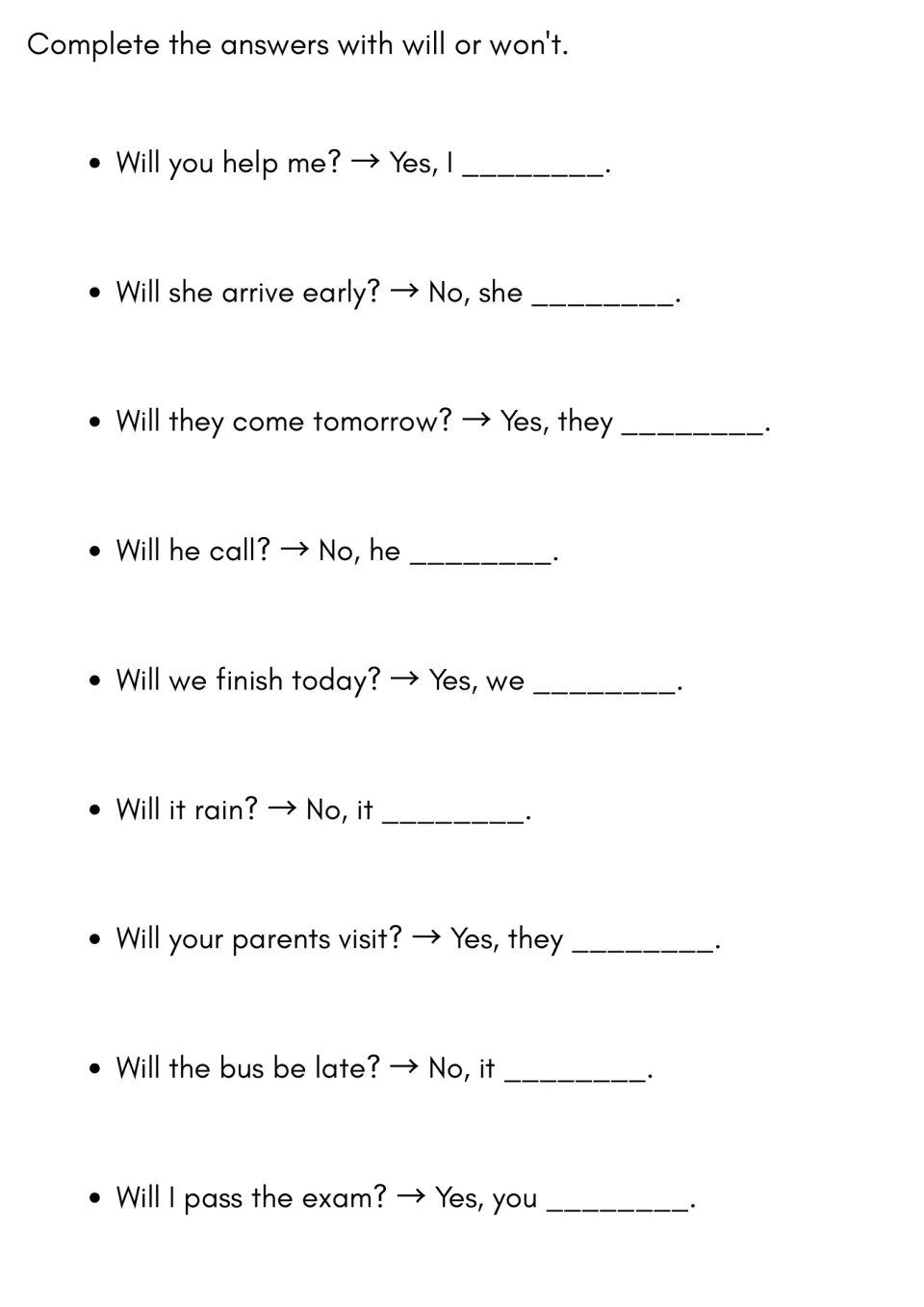 Short answer completion: students fill in will or won't after Yes or No for 9 questions, e.g. Will he call? No, he ___