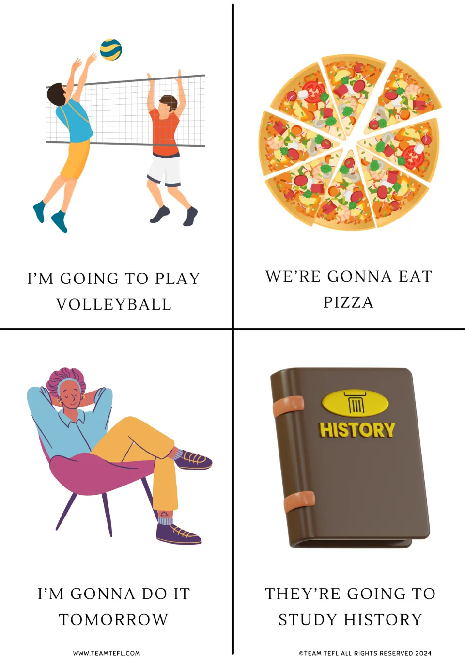 Future-form flashcards 1–4: plans to play volleyball, eat pizza, do it tomorrow, and study history