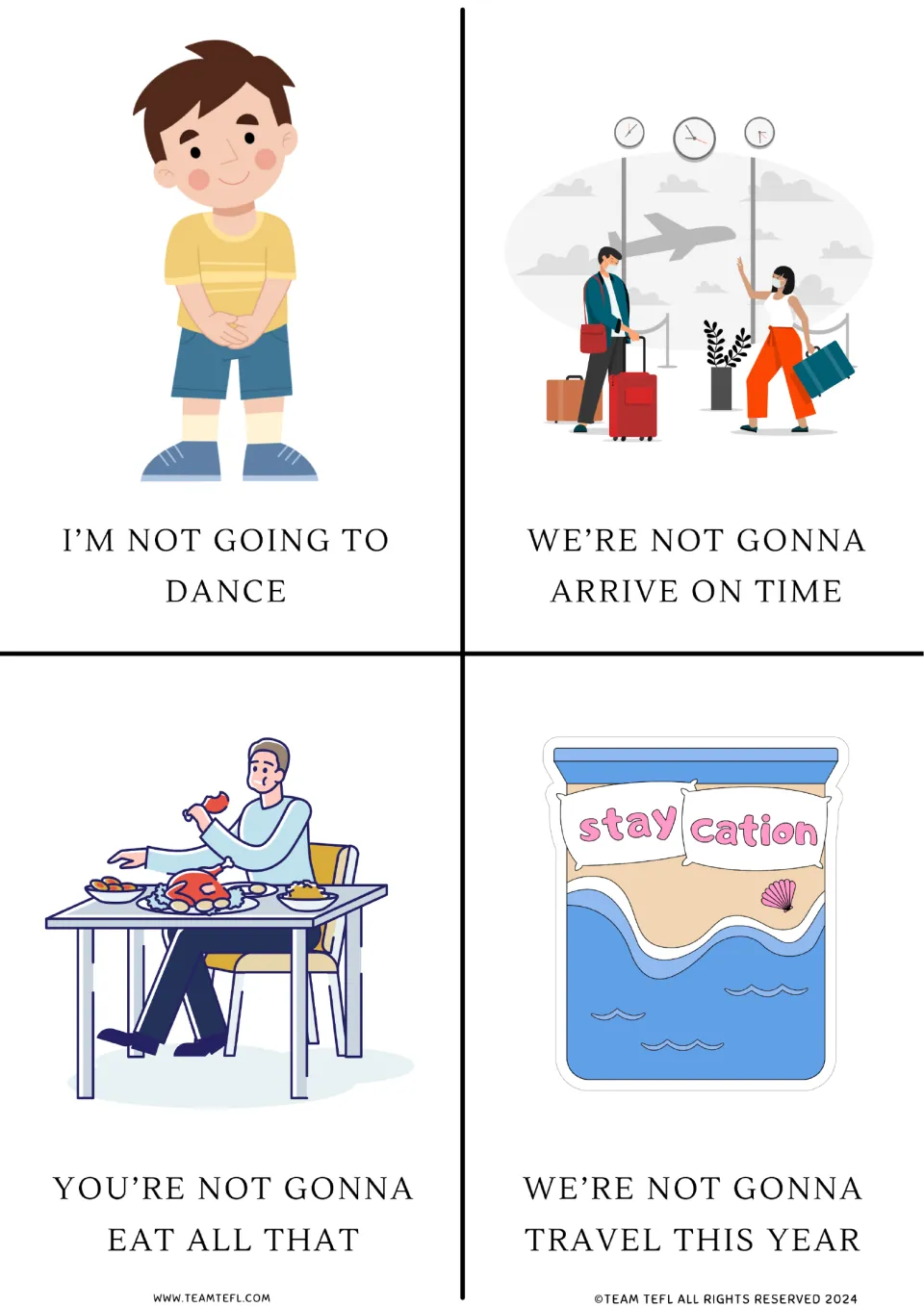 Future-form flashcards 5–8: not going to dance, arrive on time, eat all that, or travel this year