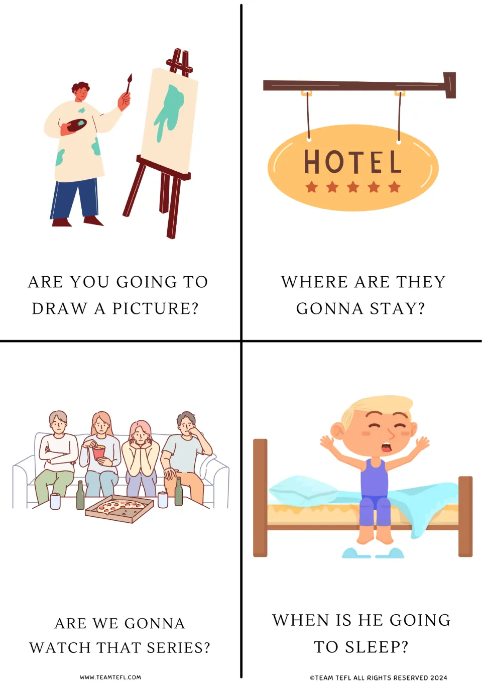 Future-form flashcards 9–12: questions about drawing a picture, where to stay, watching a series, and sleep