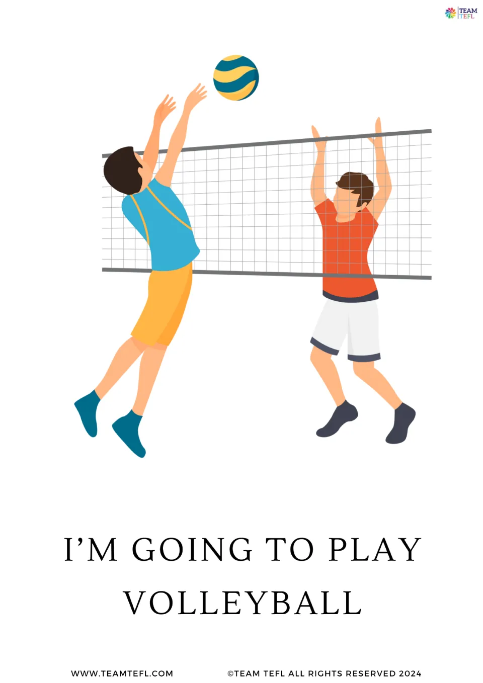 Full-page future-form flashcard 1: “I’m going to play volleyball,” illustrated by two volleyball players