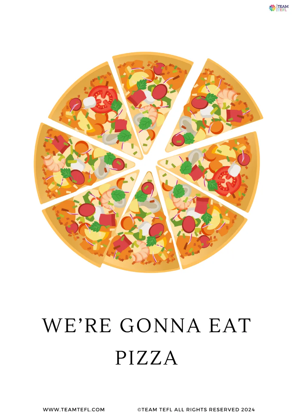 Full-page future-form flashcard 2: “We’re gonna eat pizza,” illustrated by a pizza divided into slices
