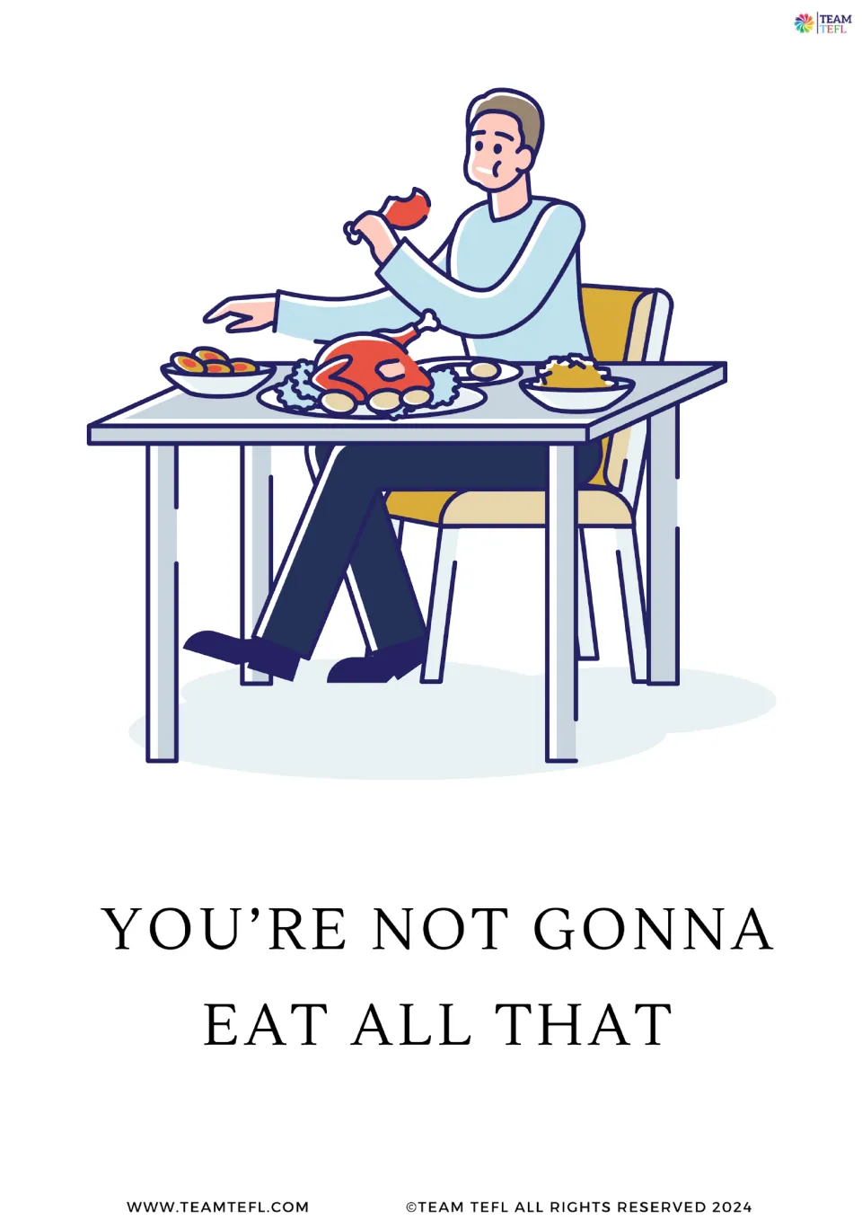Full-page future-form flashcard 7: “You’re not gonna eat all that,” illustrated by a person at a table of food