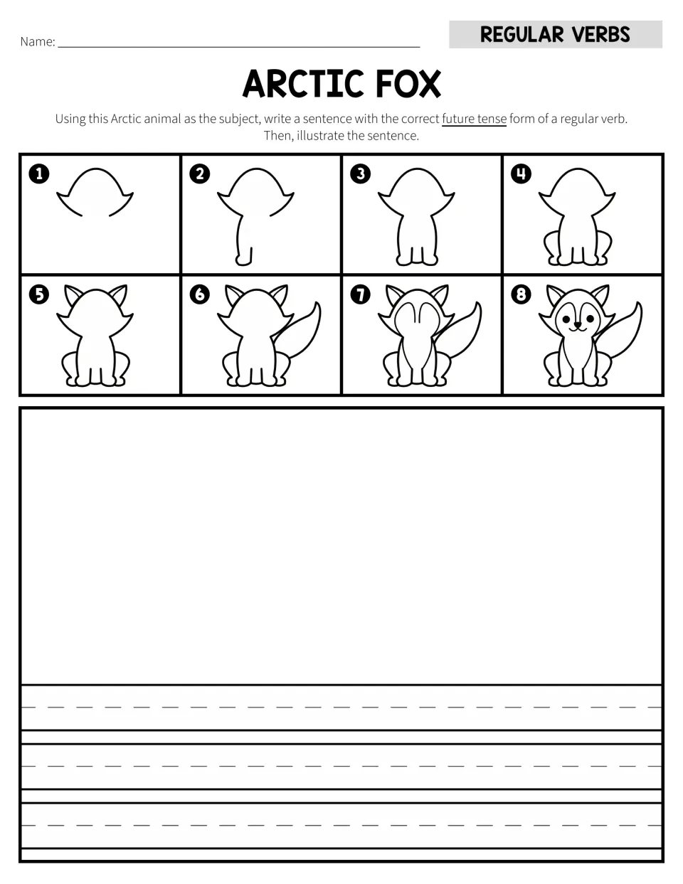 Arctic fox: students follow 8 drawing steps, write a future tense sentence using a regular verb, then illustrate it