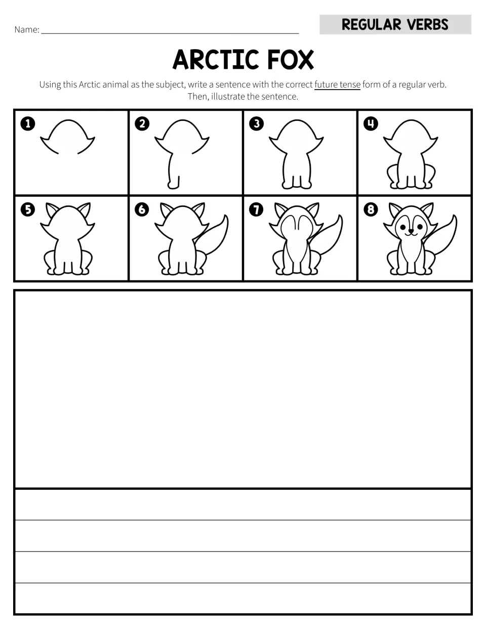 Arctic fox future tense task: draw the fox in 8 steps, then write and illustrate a sentence with will plus a regular verb