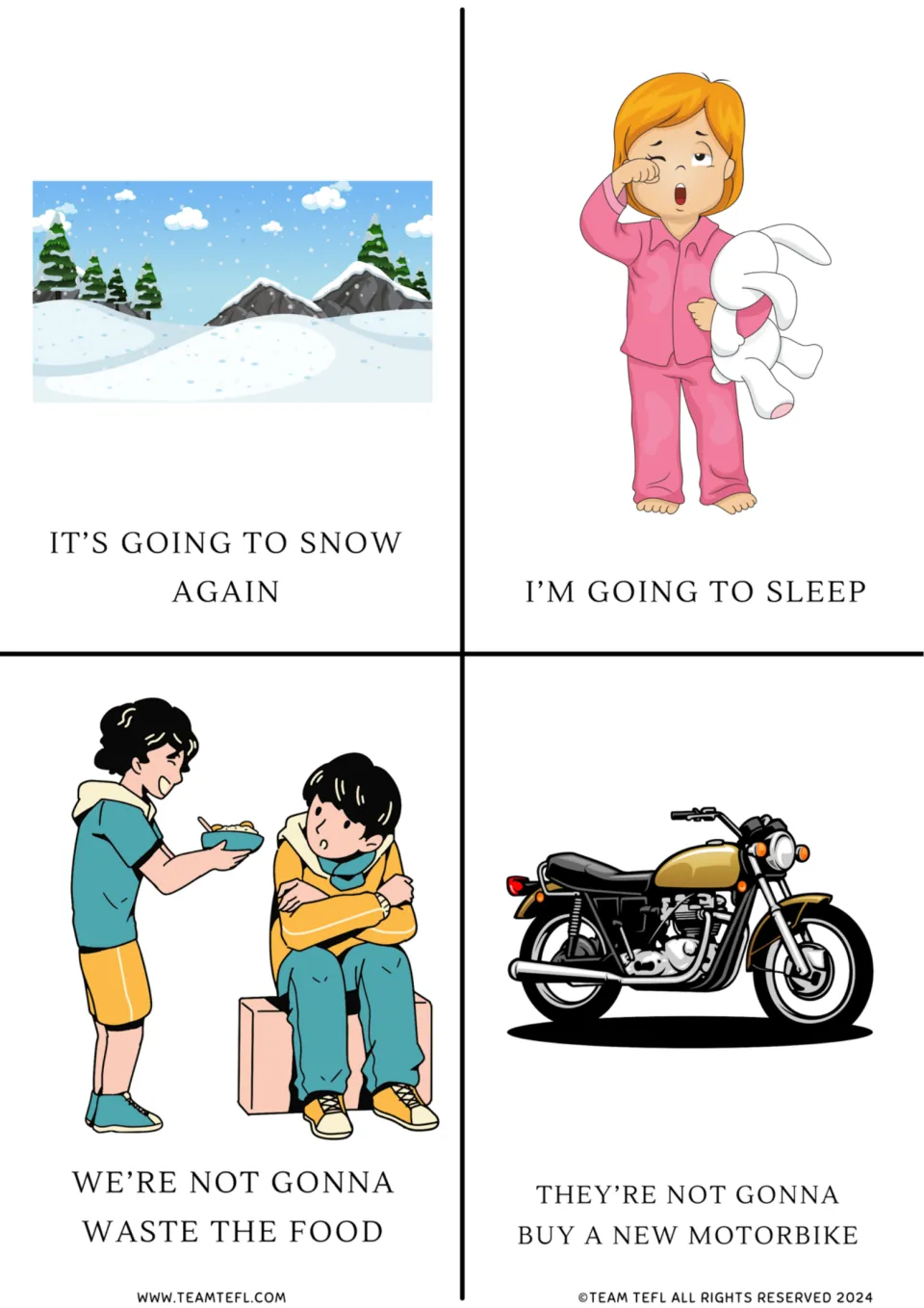 Future tense flashcards: going to snow, going to sleep, not gonna waste food, and not gonna buy a motorbike
