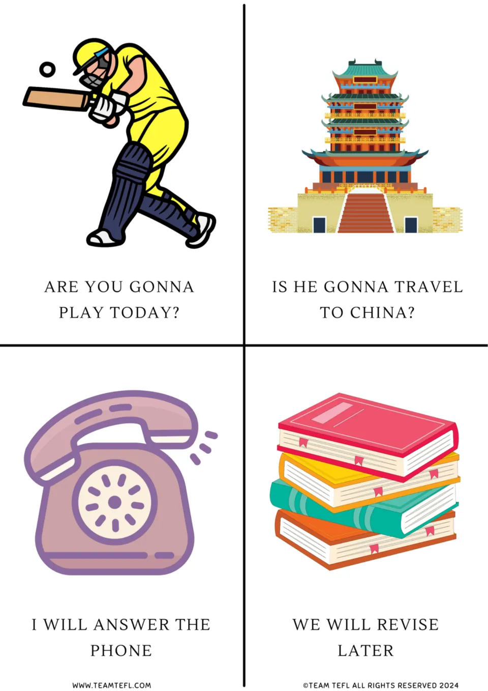 Future tense flashcards: gonna play today, gonna travel to China, will answer the phone, and will revise