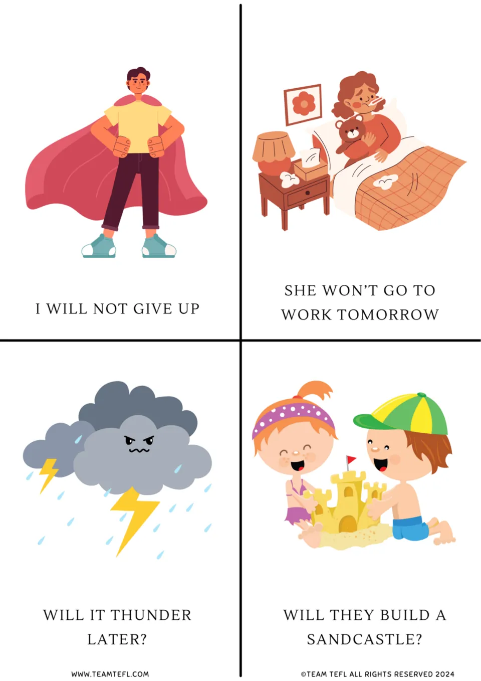 Future tense flashcards: will not give up, won't go to work, will it thunder, and will they build a sandcastle