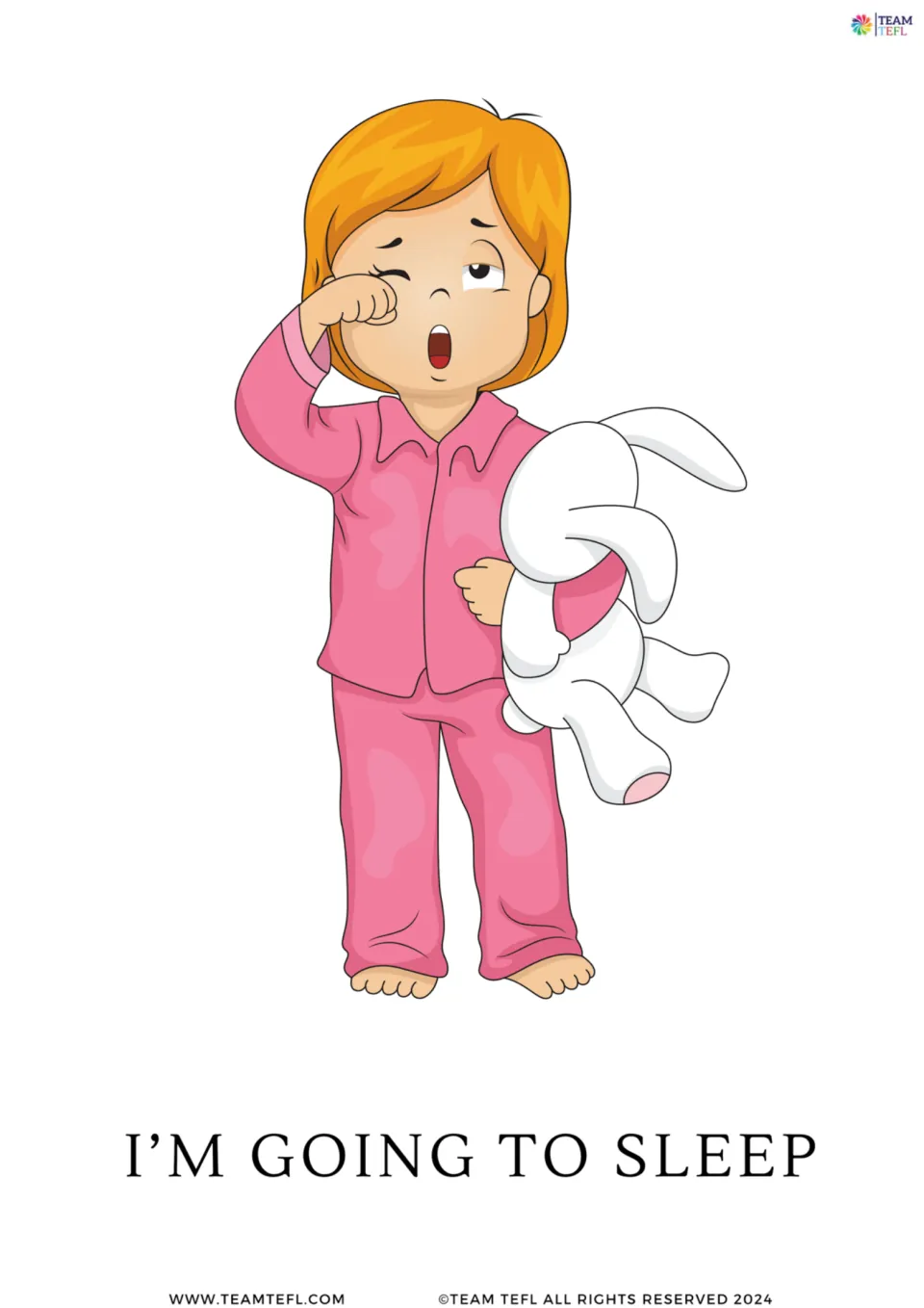 Full-page future tense flashcard reading “I'm going to sleep,” showing a yawning child holding a toy rabbit