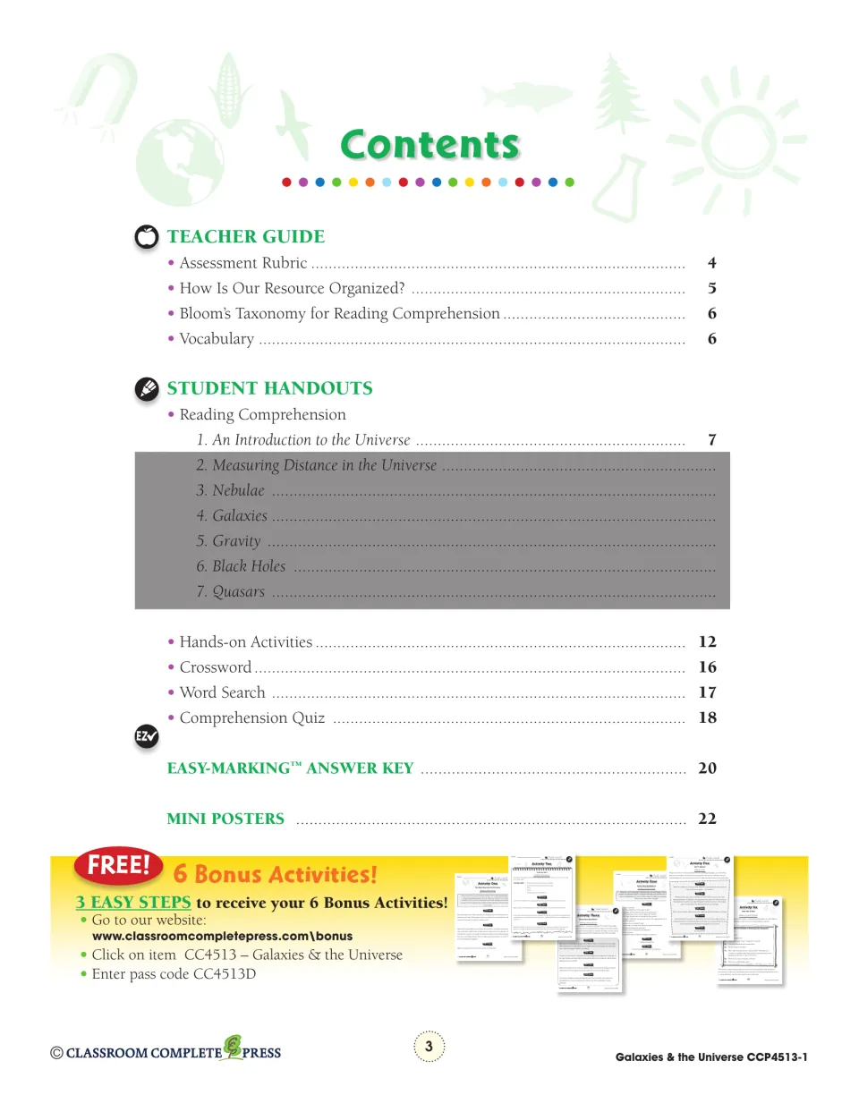 Contents: teacher guide, reading sections 1–7 (Introduction to the Universe through Quasars), quiz, answer key