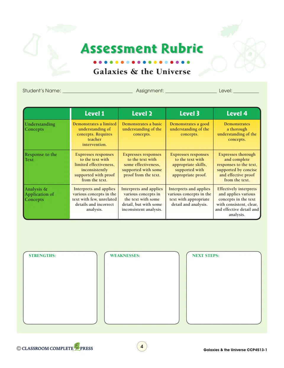 Assessment rubric scoring understanding, response to the text, and analysis at Levels 1–4, with next-steps notes