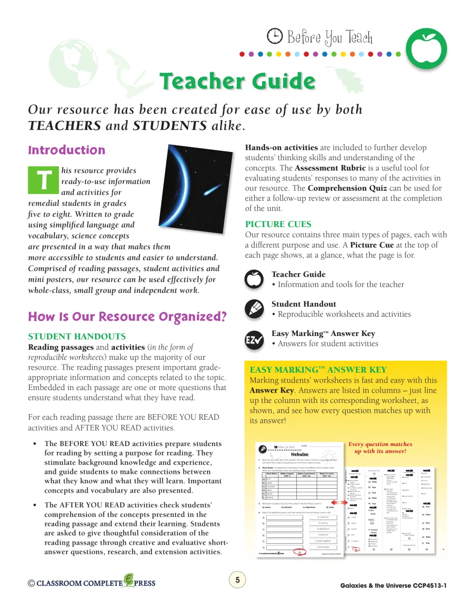 Teacher guide: how the resource is organized, before and after you read activities, picture cues, Easy Marking key