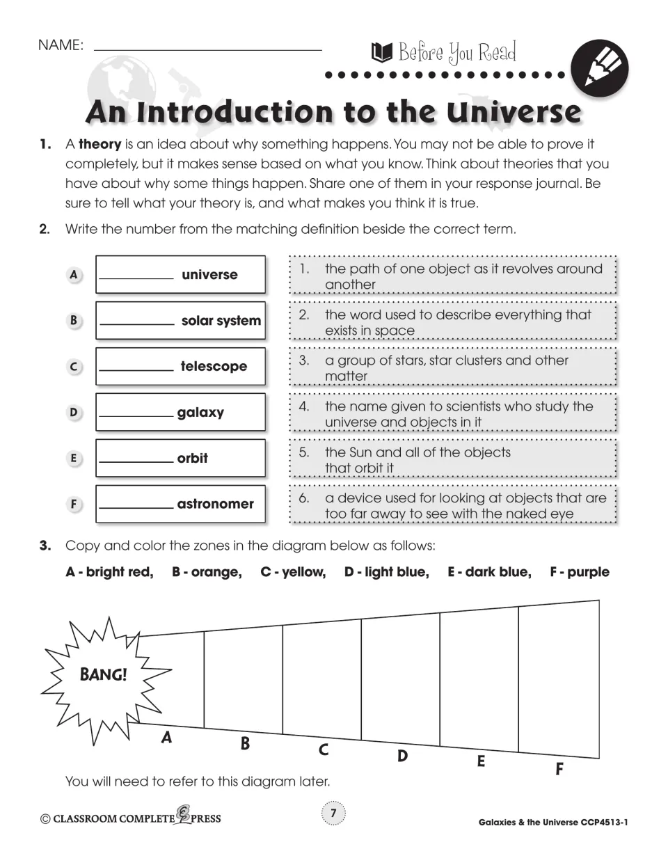 Before You Read: theory prompt, matching universe, galaxy, orbit and 3 more terms, and Big Bang zones to color