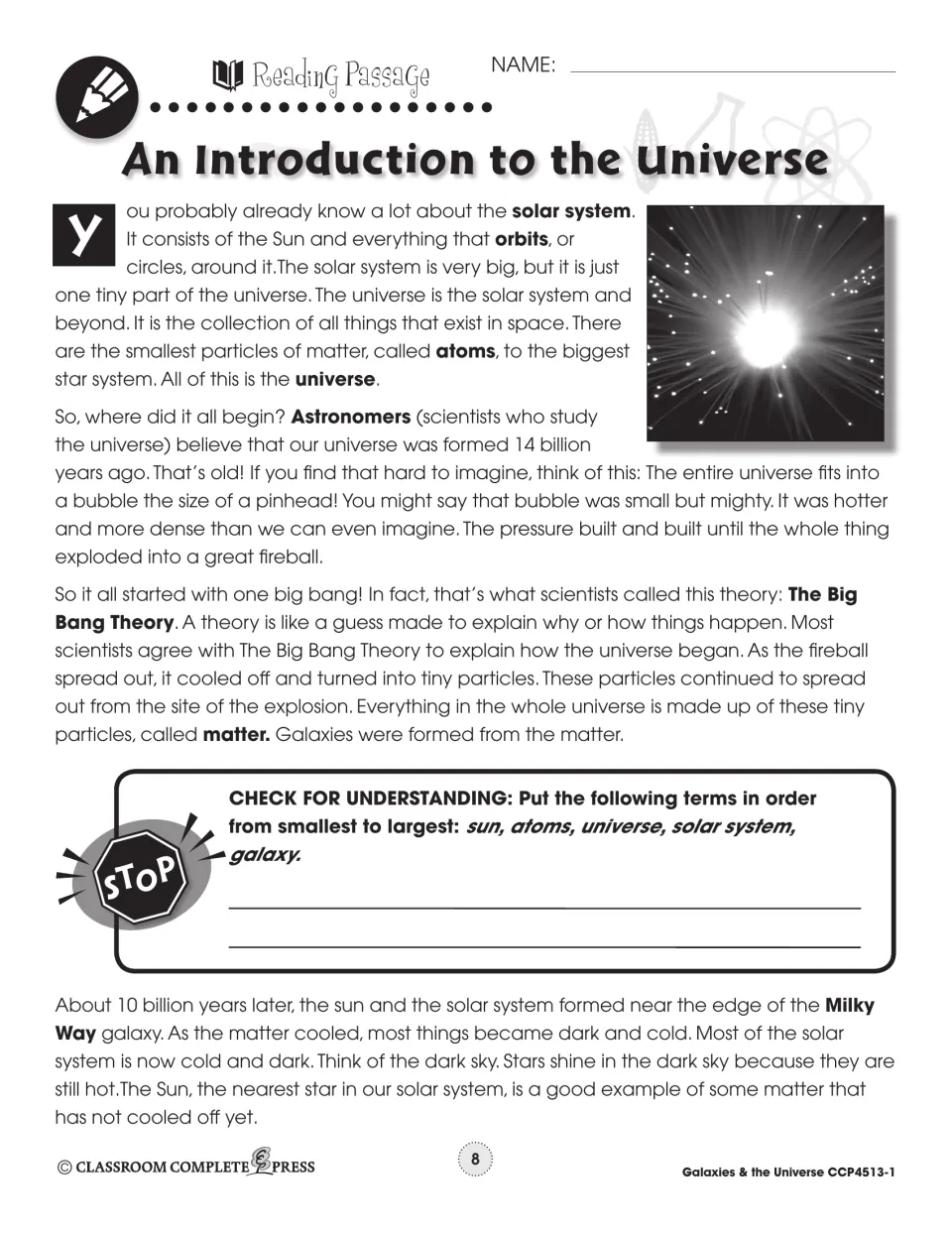 Reading passage part 1 on the Big Bang Theory and matter, with a check: order sun, atoms, galaxy and more by size