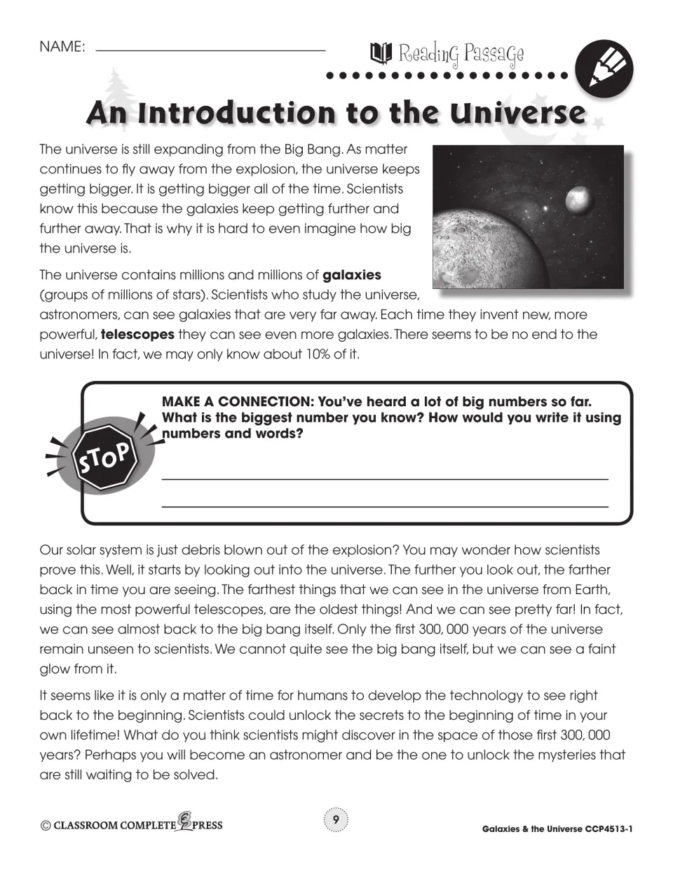Reading passage part 2: the expanding universe and galaxies, plus a prompt to write the biggest number you know