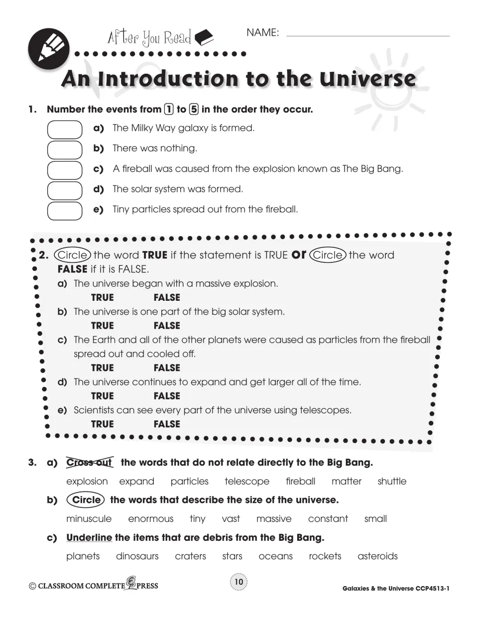 After You Read: number 5 events in order, 5 true/false items, and circle words for the universe's size