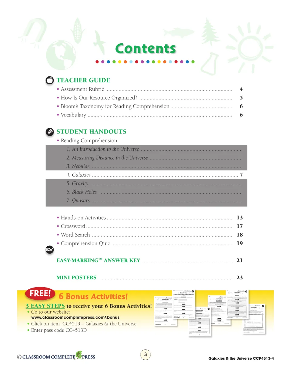 Contents listing seven reading sections; only section 4, Galaxies, on page 7, is part of this slice