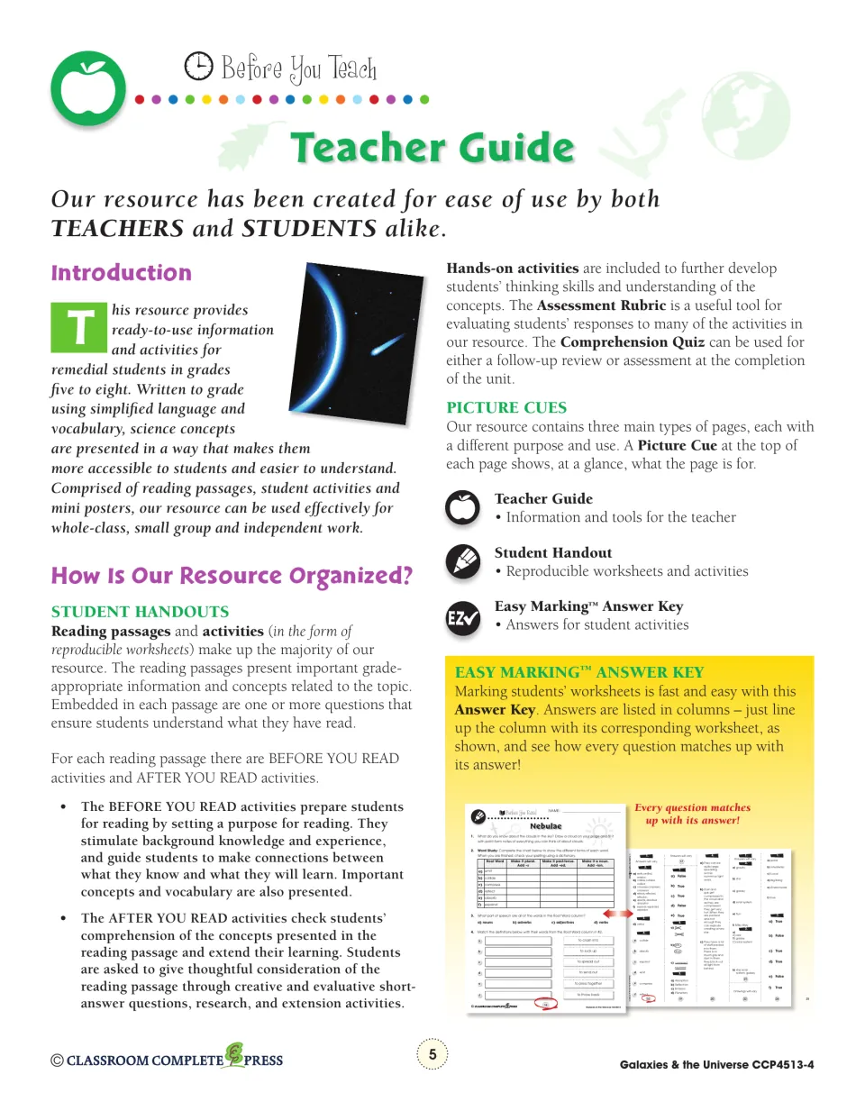 Teacher guide on how the resource is organized: before and after reading activities, picture cues, answer key