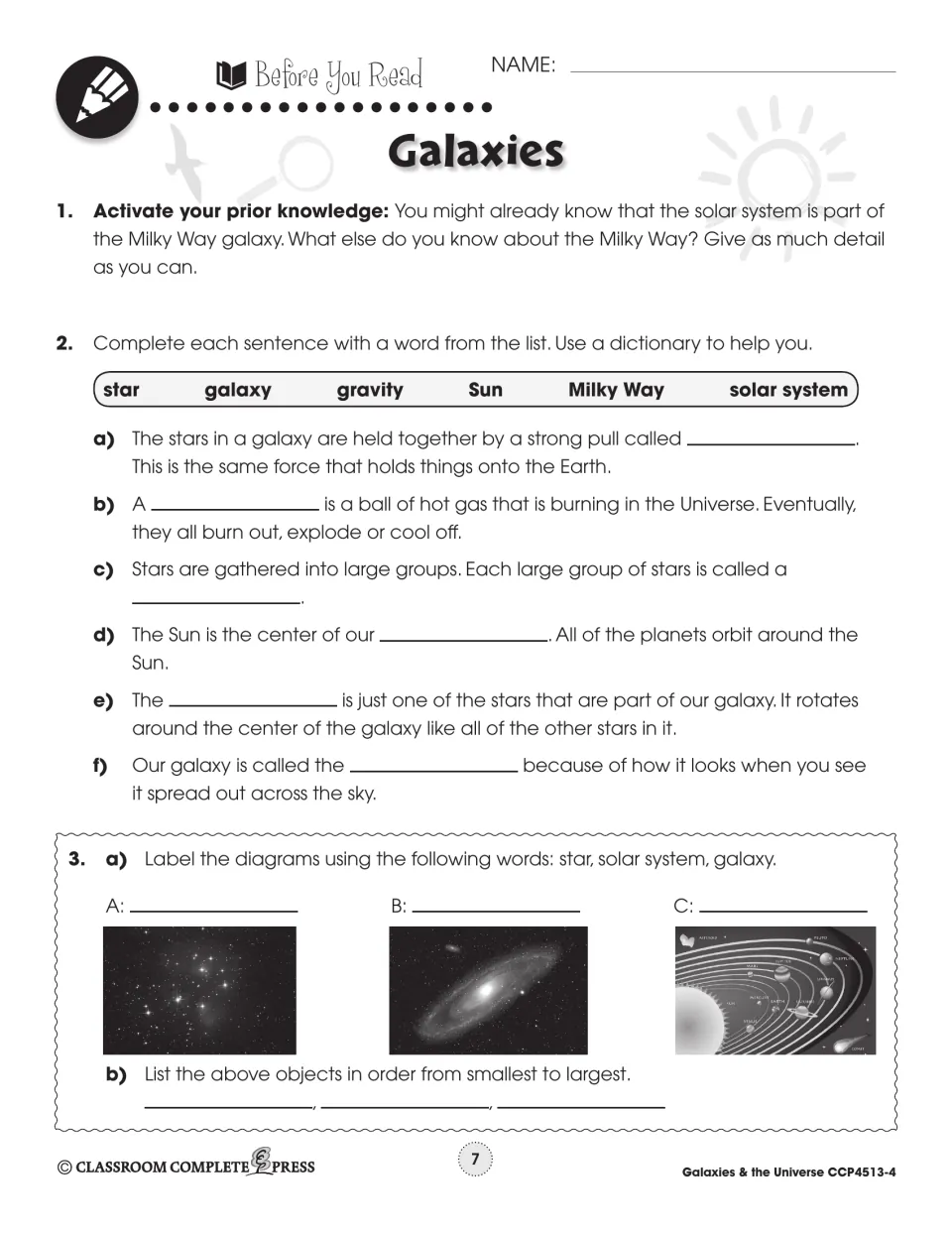 Before You Read: Milky Way prior knowledge, word-bank sentences, and photos to label star, solar system, galaxy