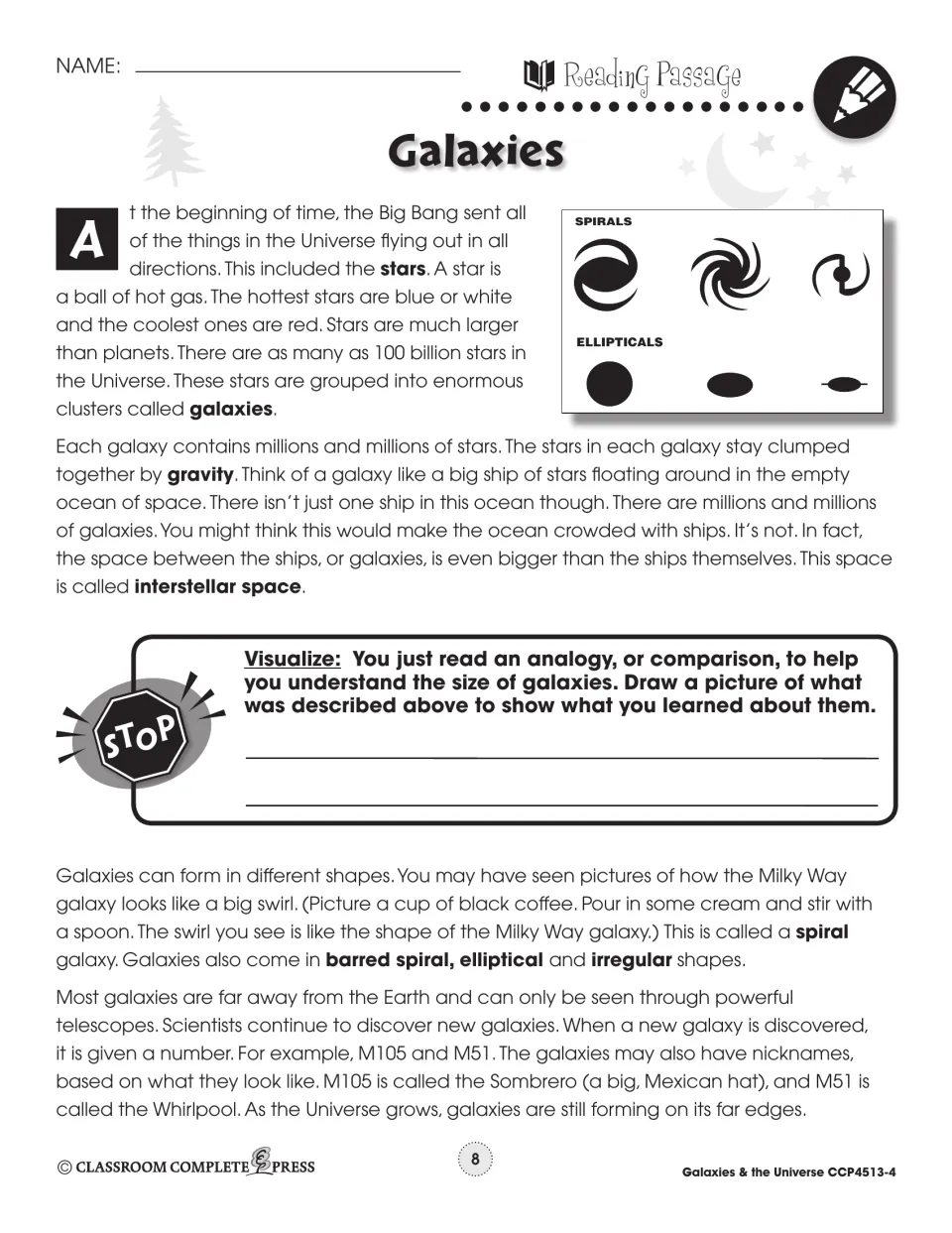 Galaxies reading passage part 1: the Big Bang, stars, gravity, interstellar space and spiral and elliptical shapes