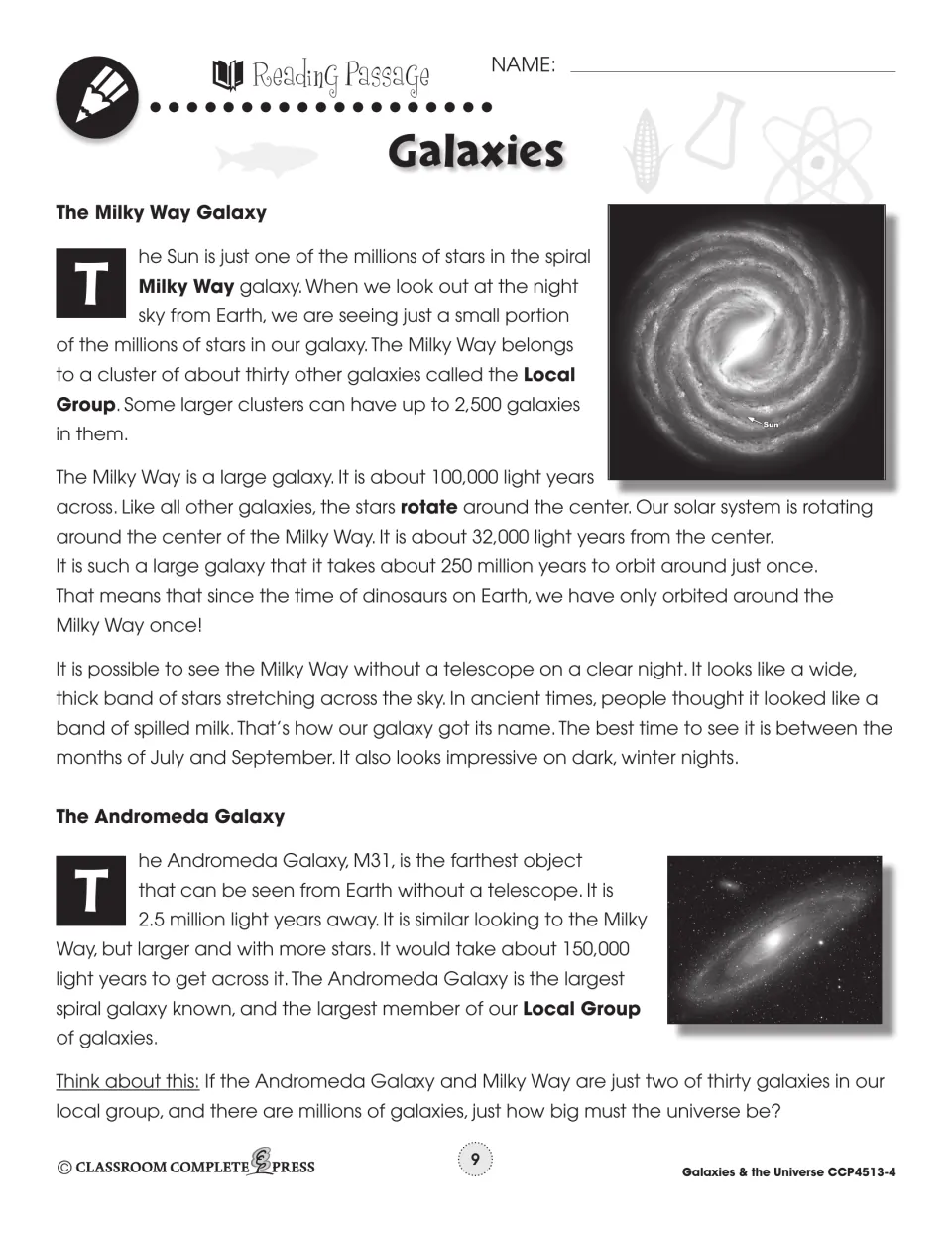 Galaxies reading passage part 2: the Milky Way Galaxy and the Andromeda Galaxy, M31, with photos of each