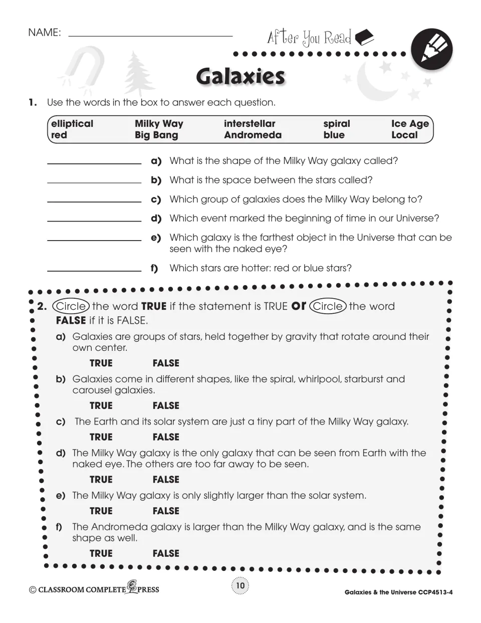 After You Read for Galaxies: six word-box questions and six true/false statements about galaxies