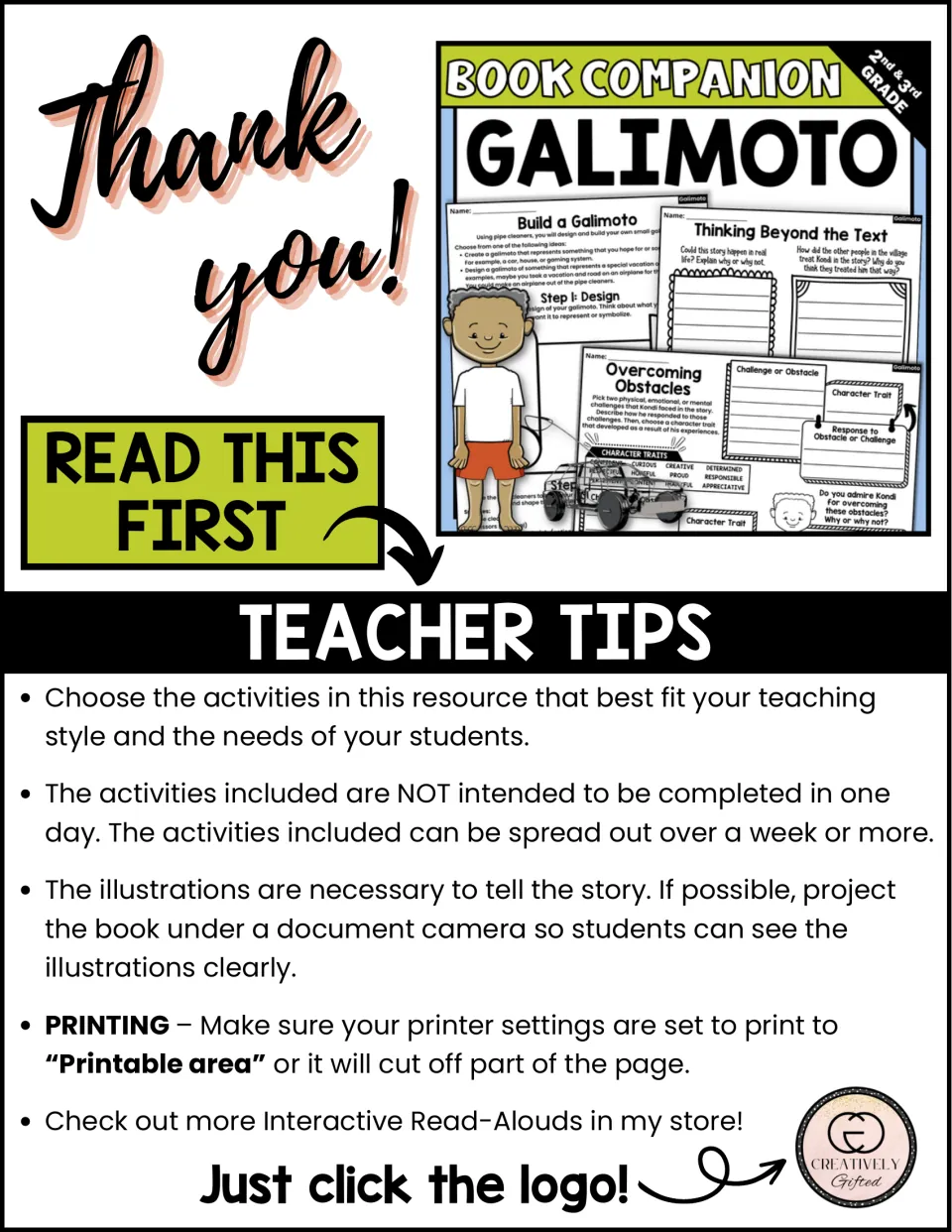 Teacher tips for the book companion cover choosing activities, pacing, showing illustrations, and printing.