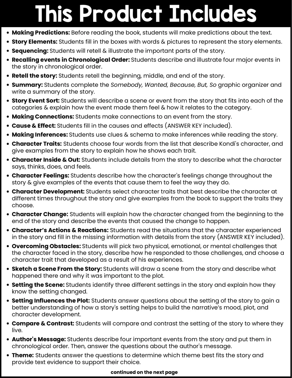 Activity overview lists predictions, story elements, sequencing, character analysis, theme, and more.